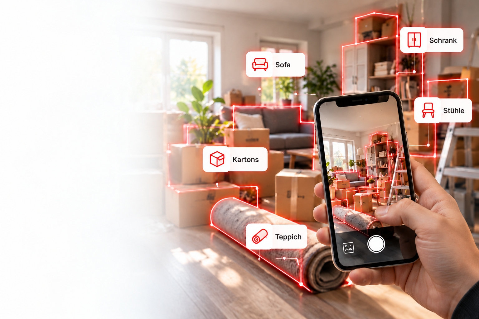 Smartphone erfasst Möbel und Kartons in einer Wohnung für die Umzugsschätzung