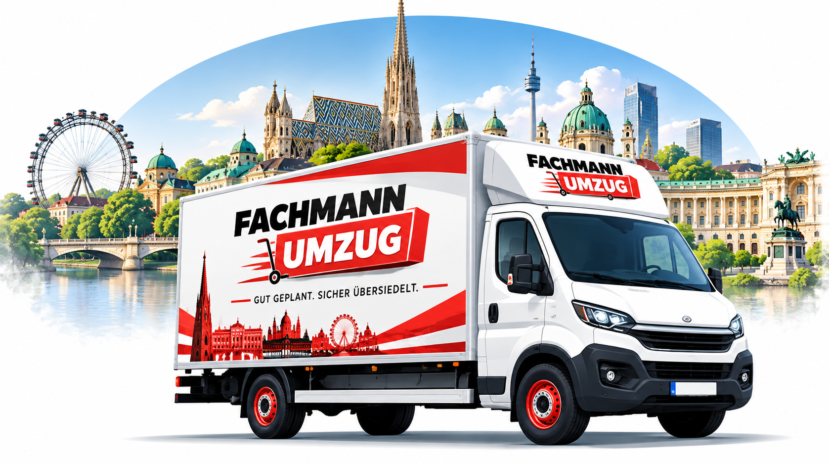 LKW von Fachmann Umzug vor der Wiener Skyline mit Stephansdom und Riesenrad